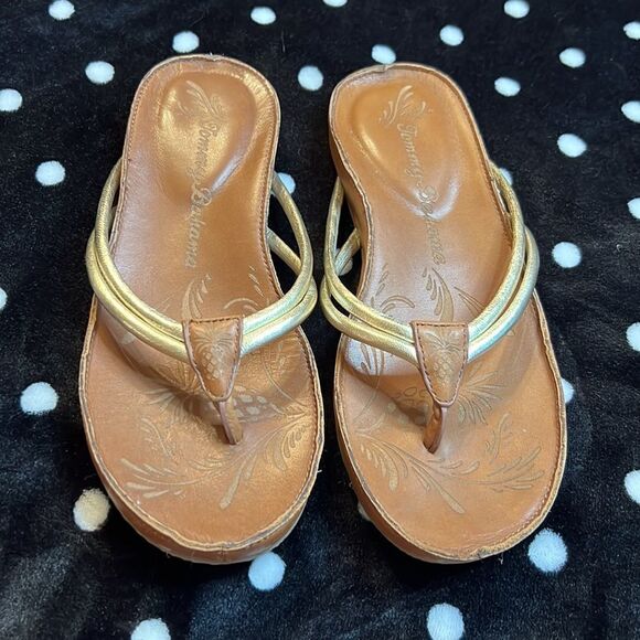 Tommy Bahama Gold and Brown Leather Thong Sandal - Size 7 - Picture 1 of 12